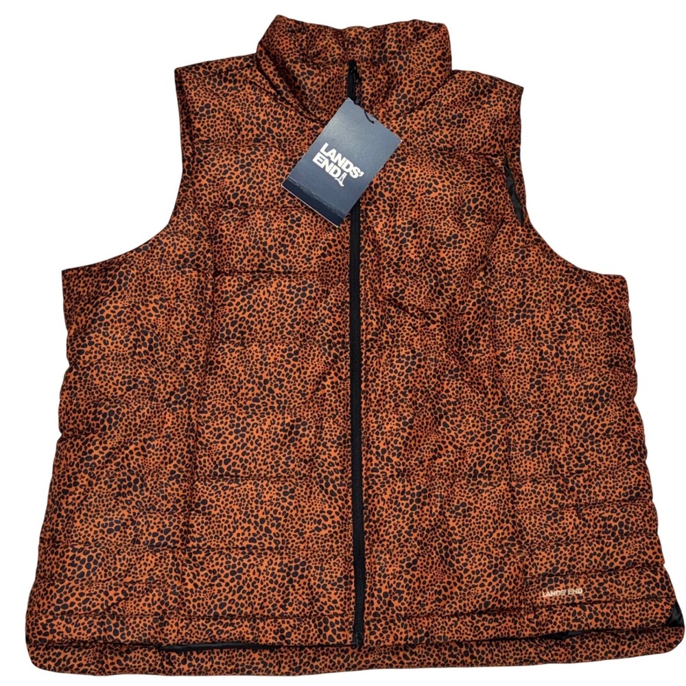 Lands End Puffer Vest Womens 2X Orange Leopard NWT 600 Fill Down Quilted 518718